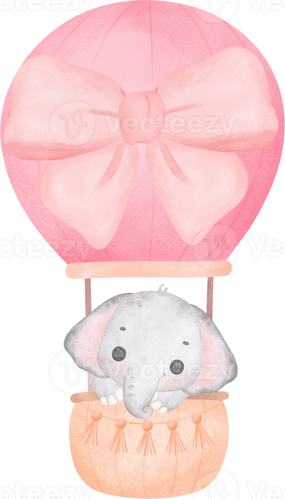 Cute baby shower elephant girl watercolor, kawaii baby animal in hot balloon nursery cartoon illustration png