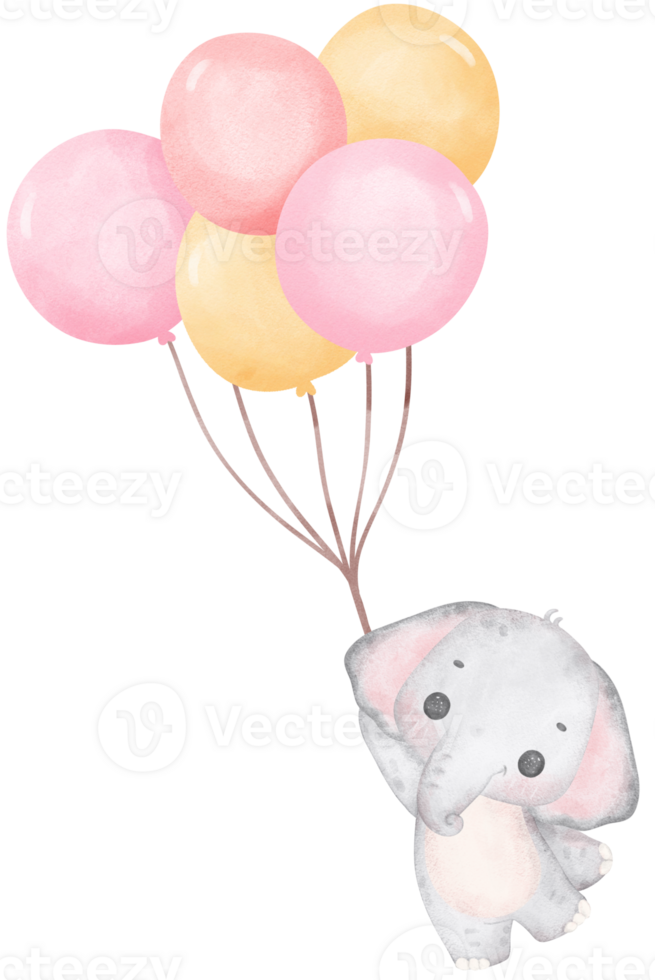 Cute baby shower elephant girl watercolor, kawaii baby animal balloons nursery cartoon illustration png