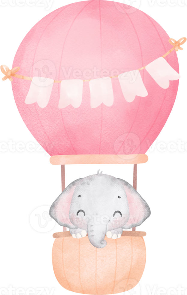 Cute baby shower elephant girl watercolor, kawaii baby elephant animal in hot balloon nursery cartoon illustration png