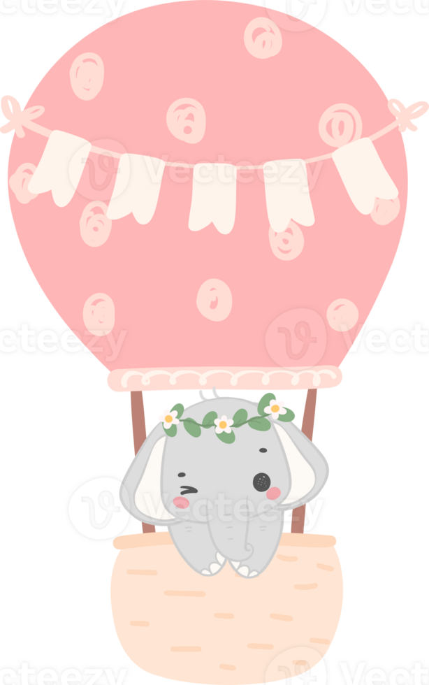 Baby shower elephant, cute elephant with hot air balloon png