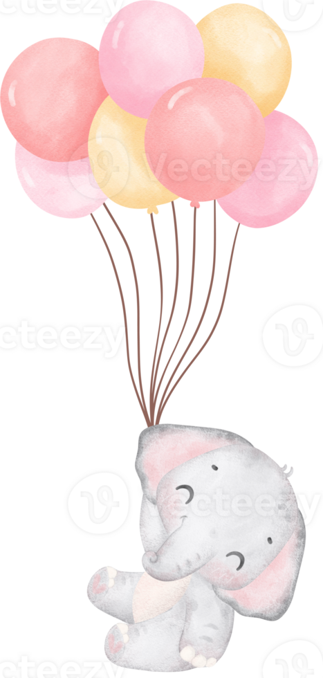 Cute baby shower elephant girl watercolor, kawaii baby animal balloons nursery cartoon illustration png