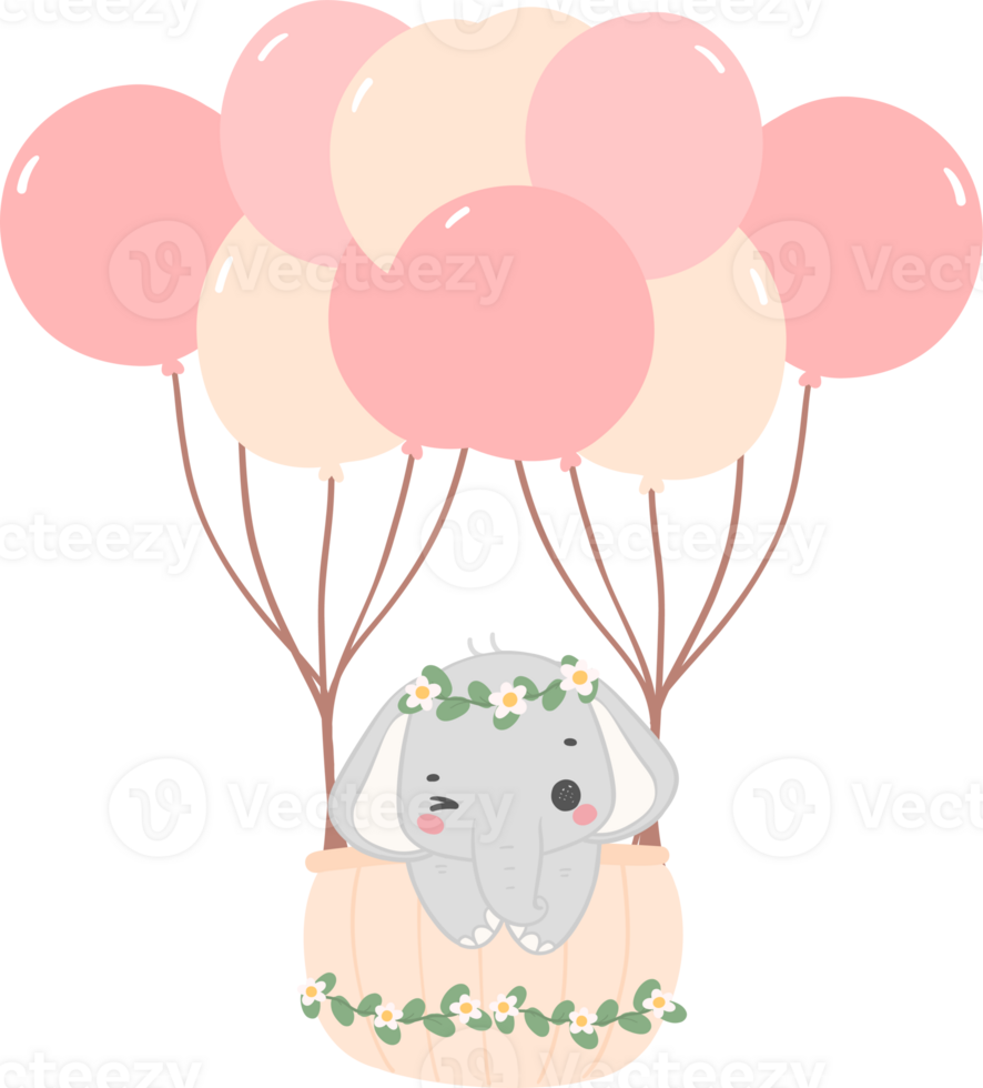 Baby shower elephant, cute elephant with hot air balloon png