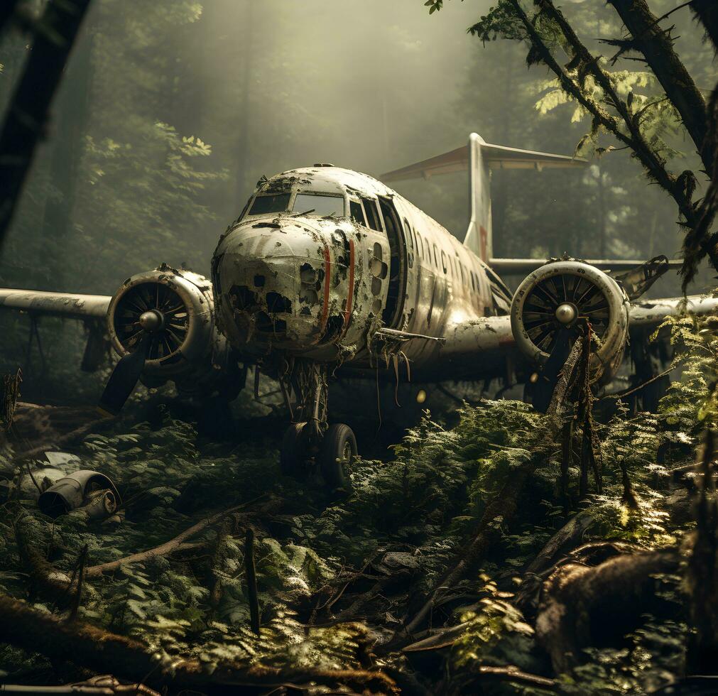 Photo Abandoned plane in jungle generative ai