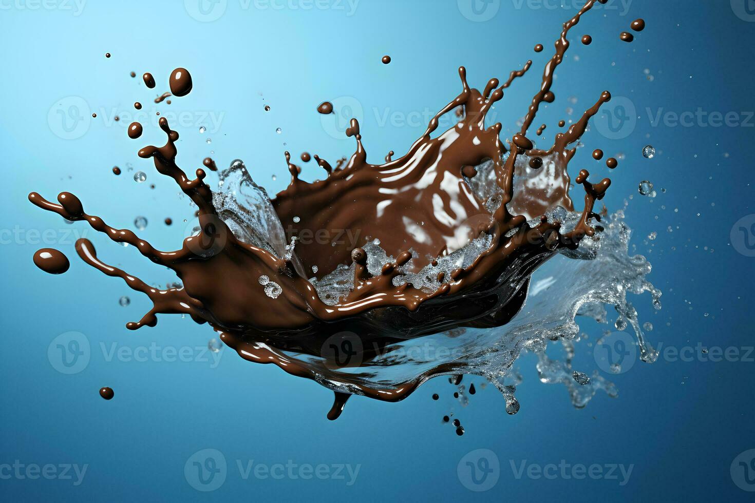 Photo chocolate splash on blue background with clipping path generative ai