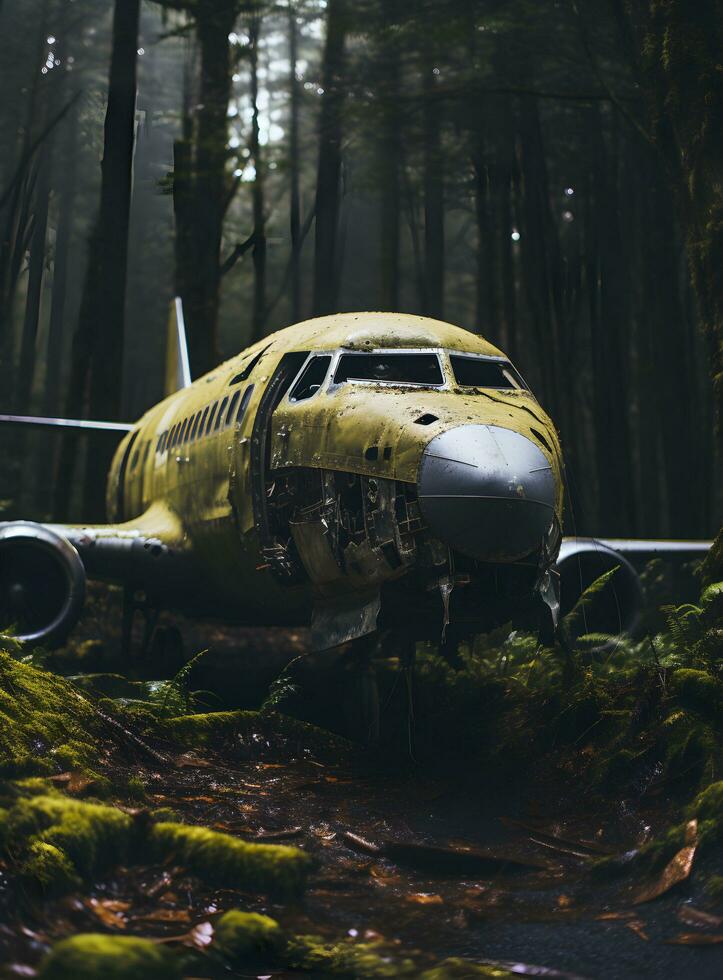 Photo abandoned military aircraft sitting in overgrown forest dusty and dirty aigenerated ai