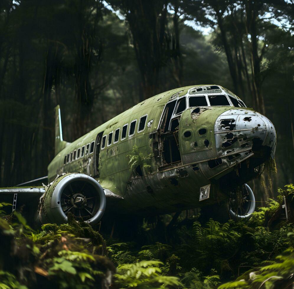 Photo abandoned old plane old in the open air Ai generated