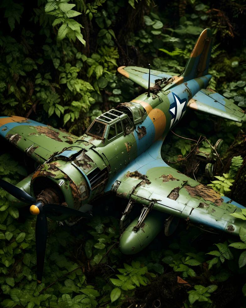 foto abandonado militar aeronave sentado en descuidado bosque polvoriento y sucio aigenerado ai