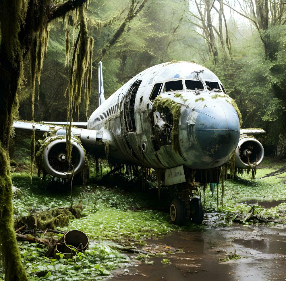 Photo of abandoned aircraft in the forest  Ai generated