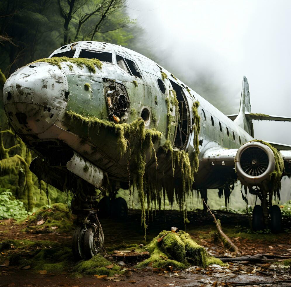 Photo abandoned airplane in the forest vintage style generative ai