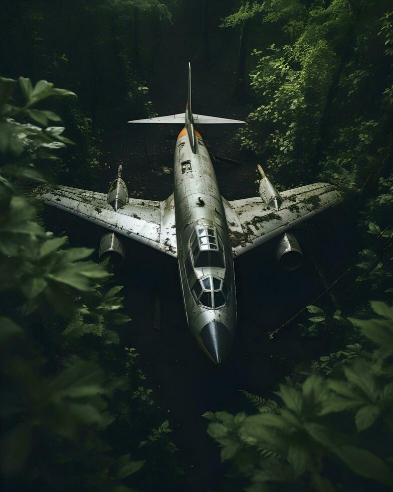 foto abandonado militar aeronave sentado en descuidado bosque polvoriento y sucio aigenerado ai