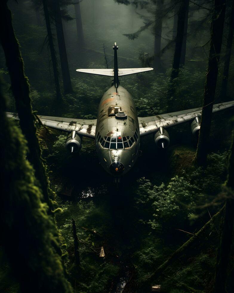 foto abandonado aeronave en lluvia bosque generativo ai