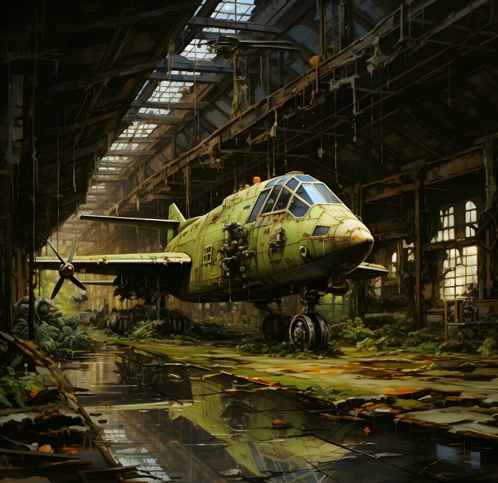 Photo abandoned military aircraft sitting in overgrown forest, dusty and dirty generative ai