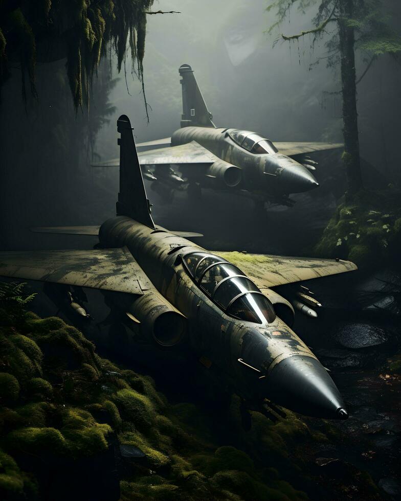 Photo old military plane, abandoned, in the middle of a dark forest Ai generated