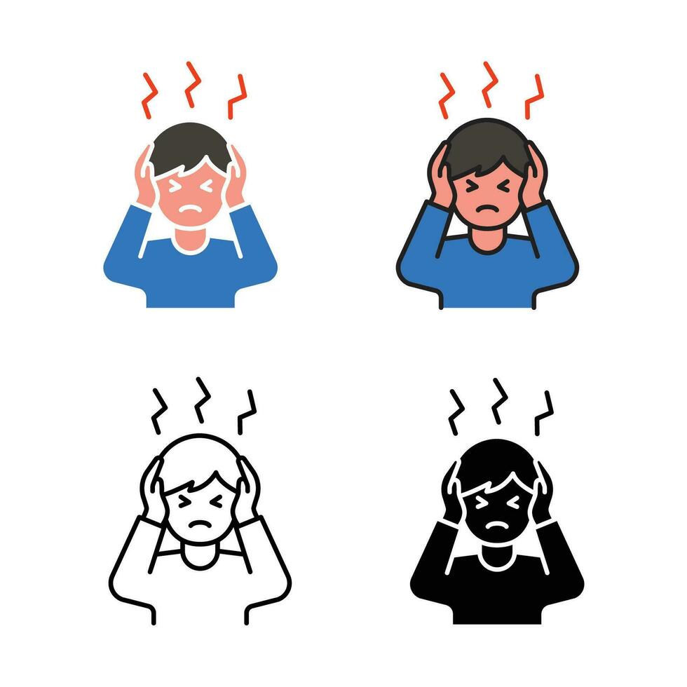 frustrated man, headache or migraine, having troubles, preassure or tension exterded, emotional strain. Stress and depression related icon. Vector illustration. Design on white background. EPS 10