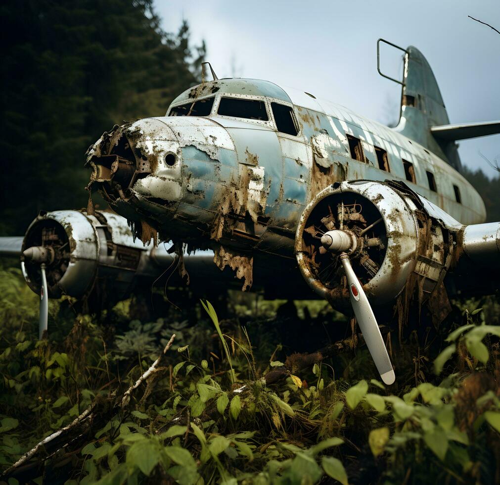 foto antiguo abandonado avión en el bosque ai generado