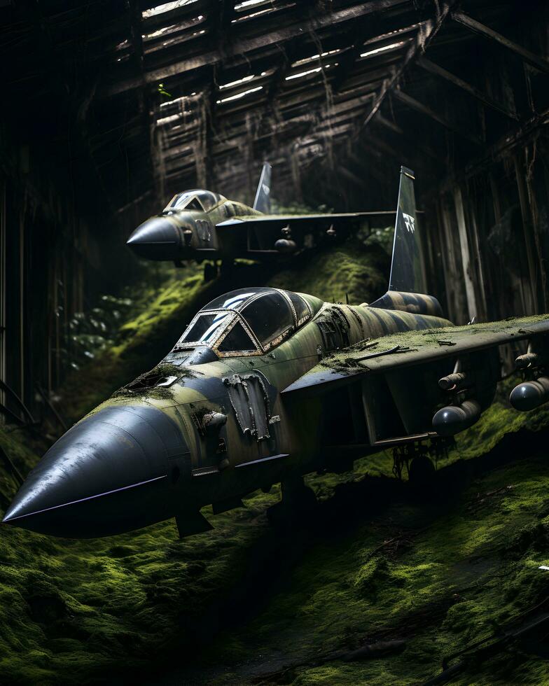 Photo abandoned military aircraft sitting in overgrown forest, dusty and dirty generative ai