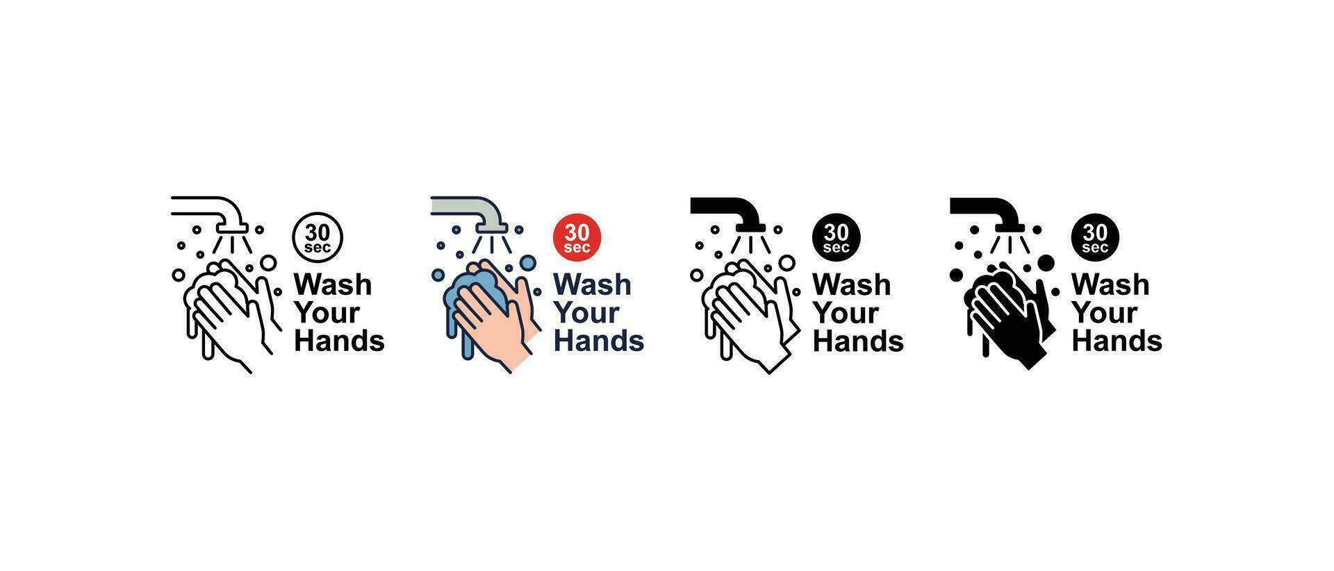 Wash your hands every 30 seconds or as often as possible with soap under running water. Hand washing with soap and watering, wash your hands icon. Vector illustration.Design on white background.EPS 10