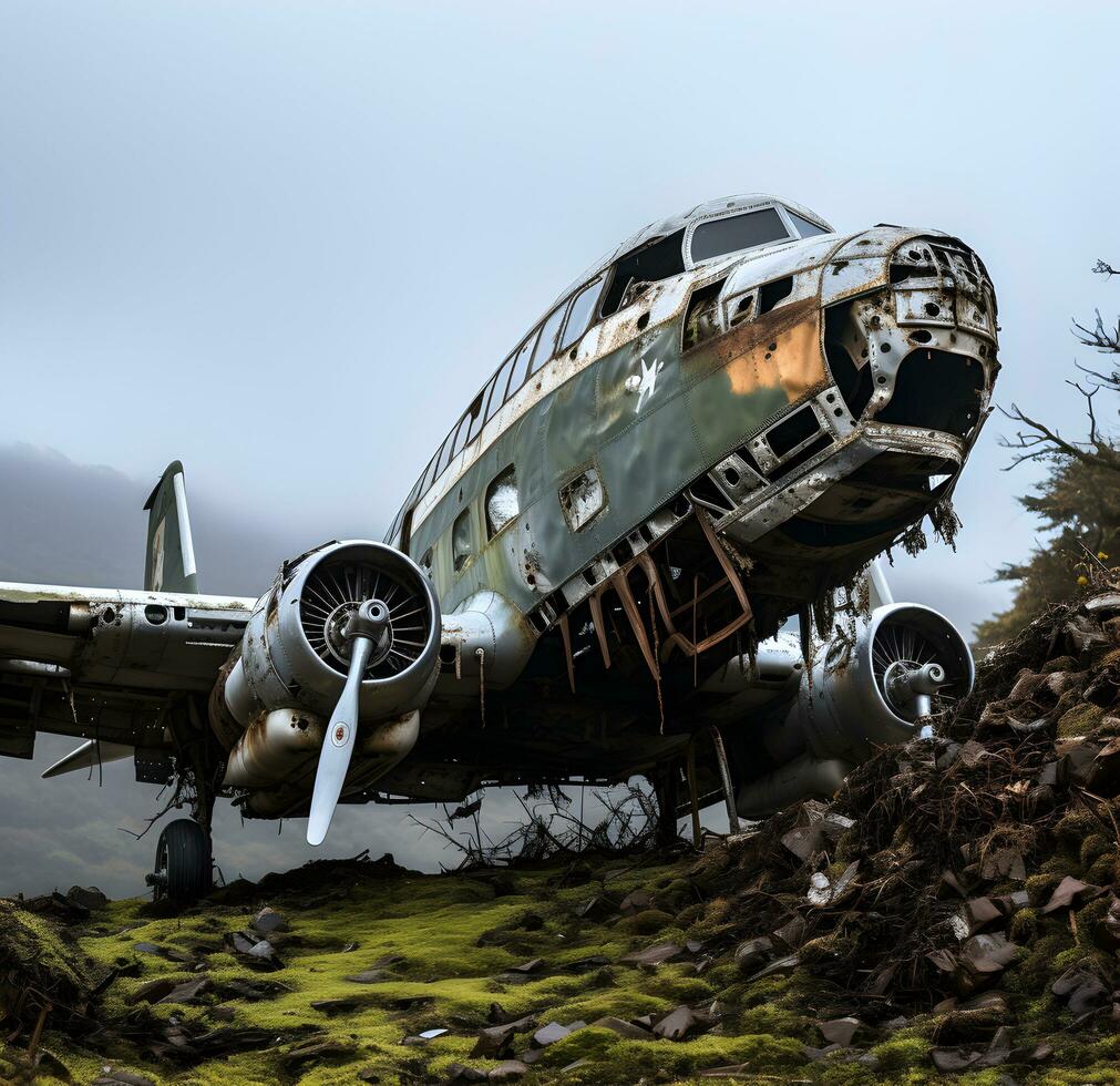 Photo abandoned old plane old in the open air Ai generated