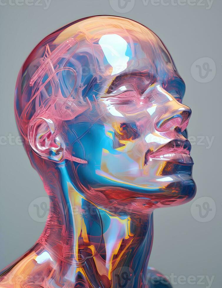 Photo holographic layering man with an artistic face looking up  ai generative