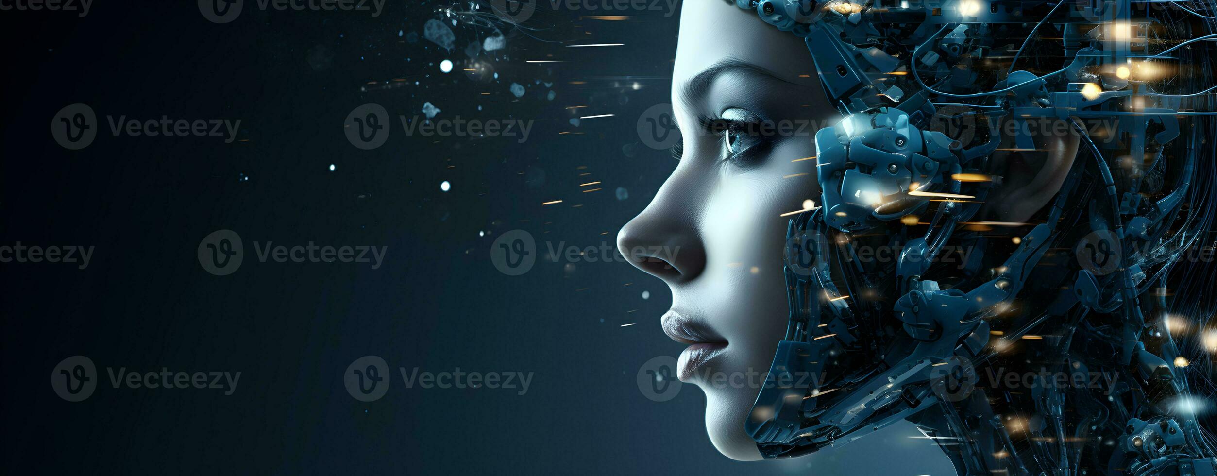 Photo Close up of female robot face. future generation of ai robots generative ai