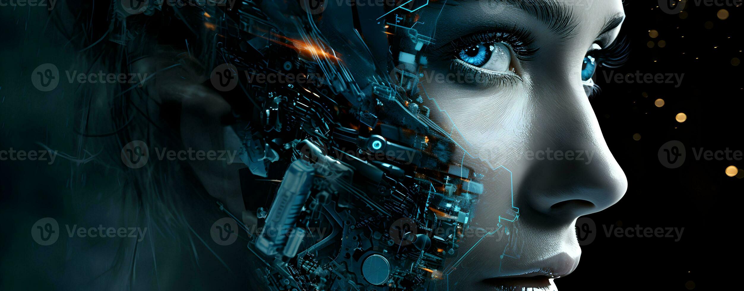 Photo Artificial intellingence female robot with blue glowing light generative AI