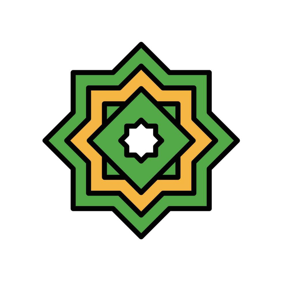 Two overlapping square fo arabic calligraphy. Spiritual tradition. Quran, Emblems and flag. Rub el hizb, eight pointed star, arab culture icon. Vector illustration. Design on white backgound. EPS 10