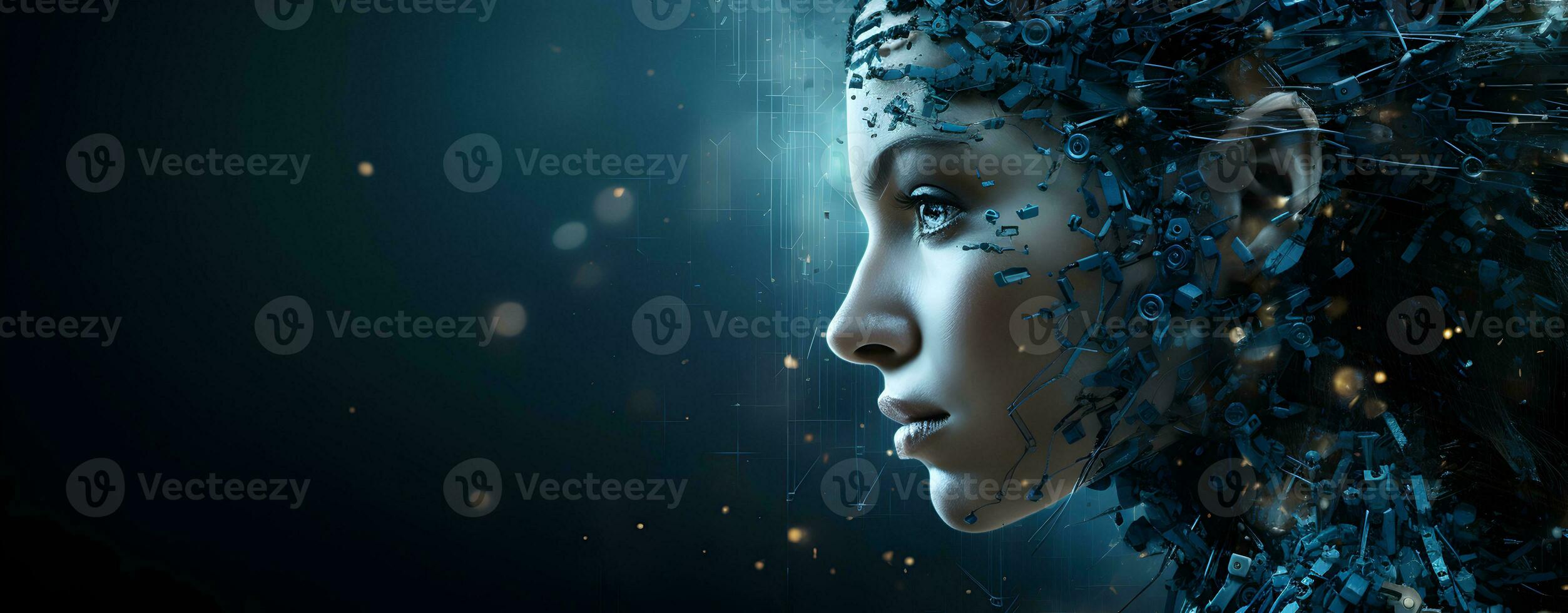 Photo robot nice woman with part of skin and metal on face, close up generative ai