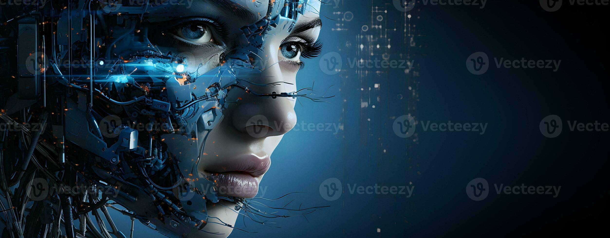 Photo Close up of female robot face. future generation of ai robots generative ai