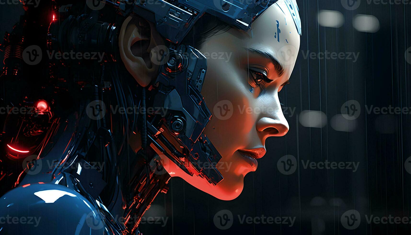 Photo Close up of female robot face. future generation of ai robots generative ai