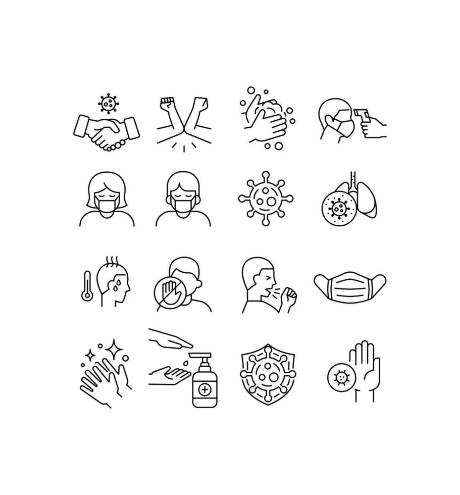 Coronavirus symptoms, precautions sign. mask, fever check scanner thermometer, elbow shake, hand sanitizer. Virus related icons-thin, black and white kit.Vector illustration on white background.EPS10 vector