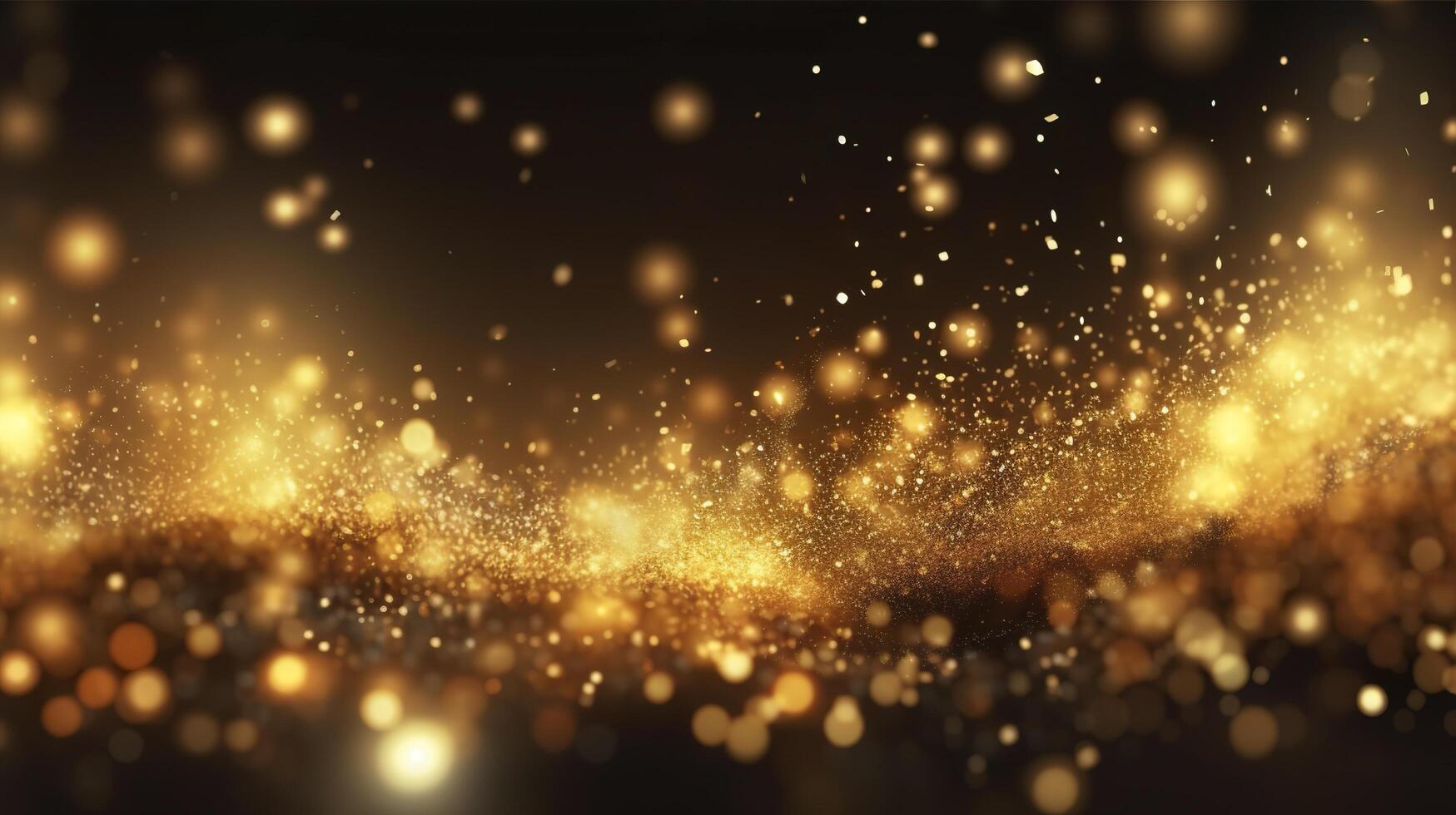 Abstract luxury gold background with gold particles. glitter vintage lights background. Christmas Golden light shine particles bokeh on dark background. Gold foil texture. Holiday.  AI Generative photo