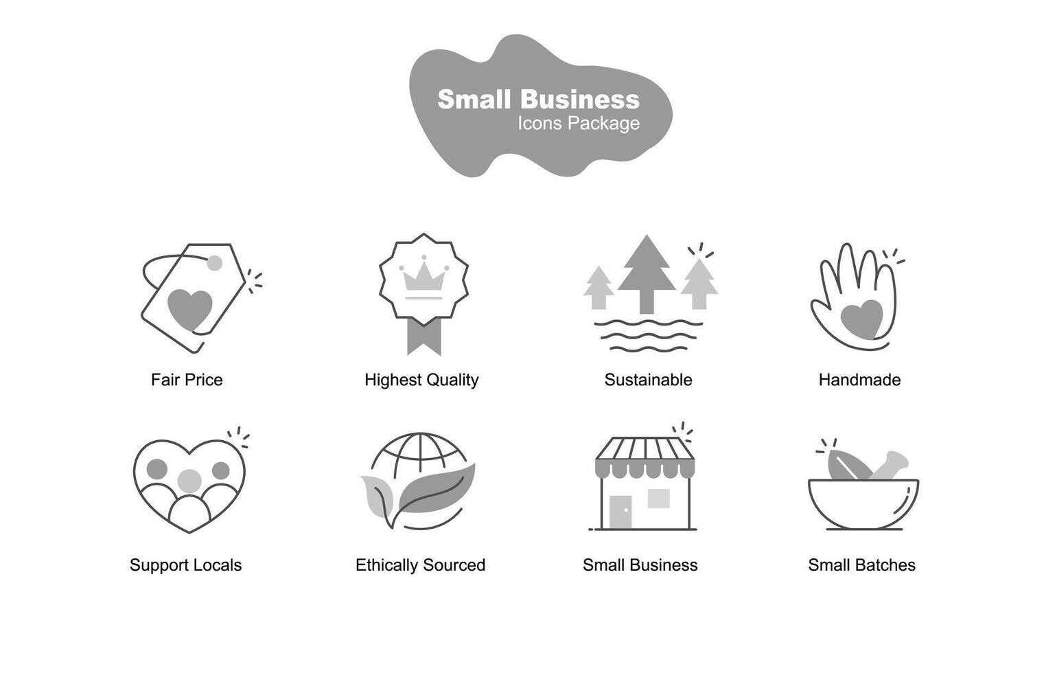 Discover a collection of icons representing ethical small-batch businesses, prioritizing sustainability, quality, and community support. vector
