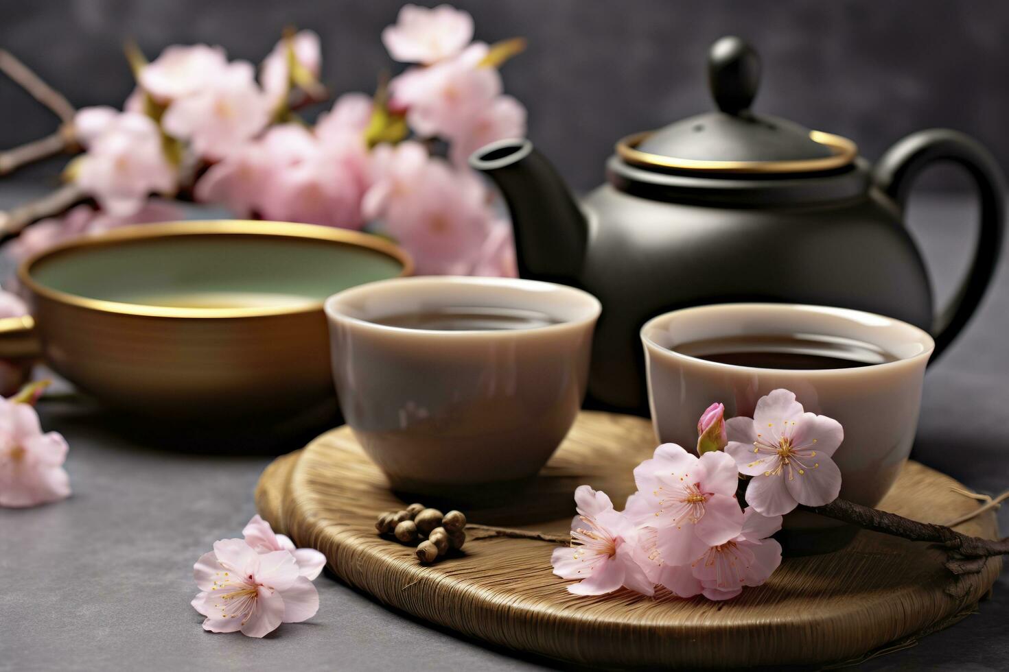 Traditional ceremony. Cups of brewed tea, teapot and sakura flowers on grey table. Generative AI photo