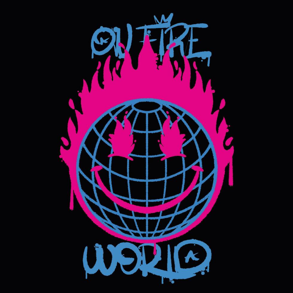 Graffiti smile globe street wear illustration with slogan on fire world vector