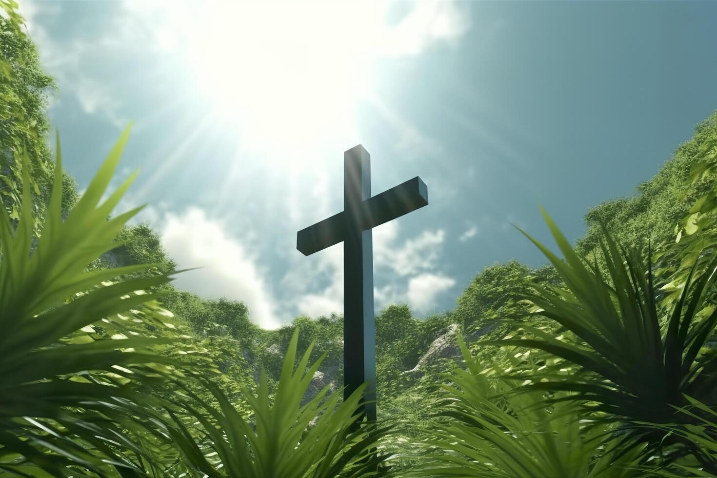 The cross of God with green Leaf, in the rays of the sun and blue sky. Cross on the hill with green trees and graeen natural view. Religious concept, AI Generative photo