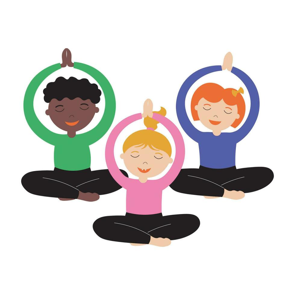 Kids yoga hand drawn vector illustration. Children in the lotus position are engaged in exercises, breathing practices, exercises. Sports recreation at school, preschool development. Design element