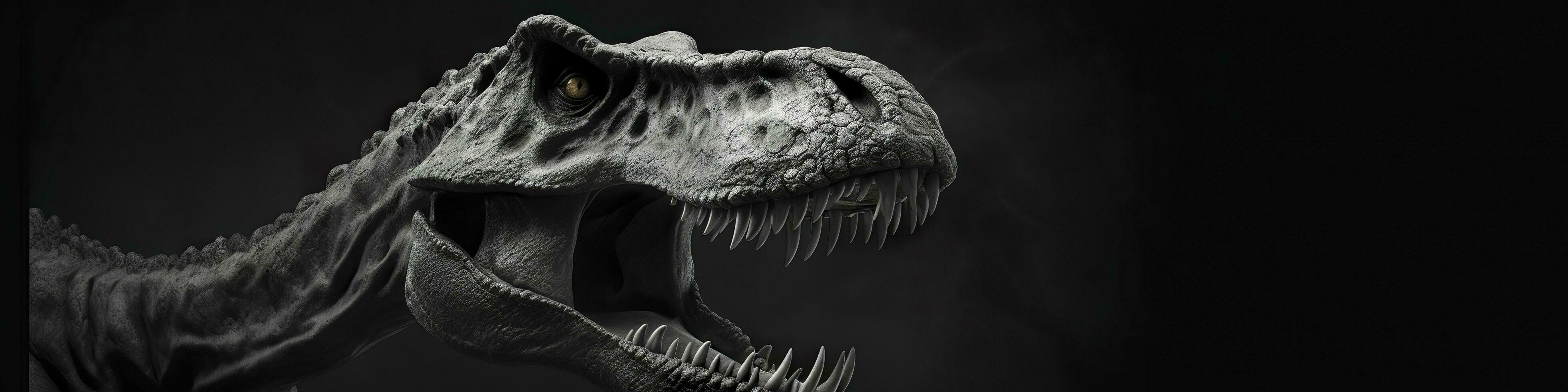 negro y blanco fotorrealista estudio retrato de un tiranosaurio rex en negro antecedentes. generativo ai foto