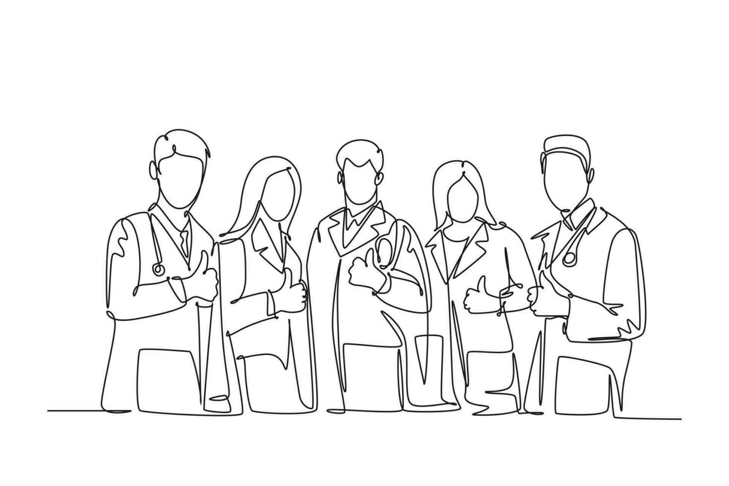 Single continuous line drawing groups of young smart happy doctors giving thumbs up gesture for best healthcare service in hospital. Medical team work. One line draw graphic design vector illustration
