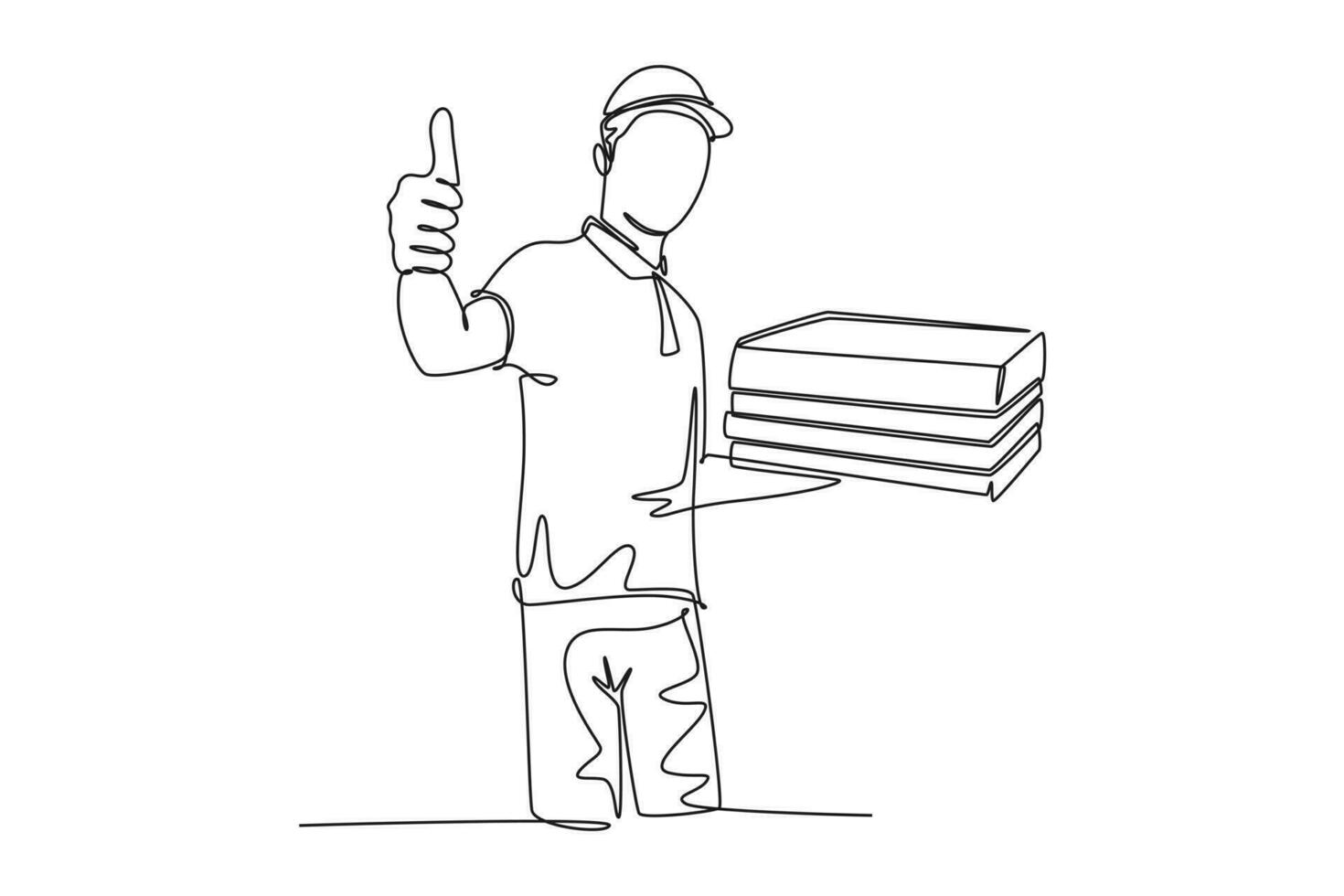 Continuous one line drawing of young happy pizza delivery man gives thumbs up gesture before deliver package to customer. Food delivery service business. Single line design vector graphic illustration