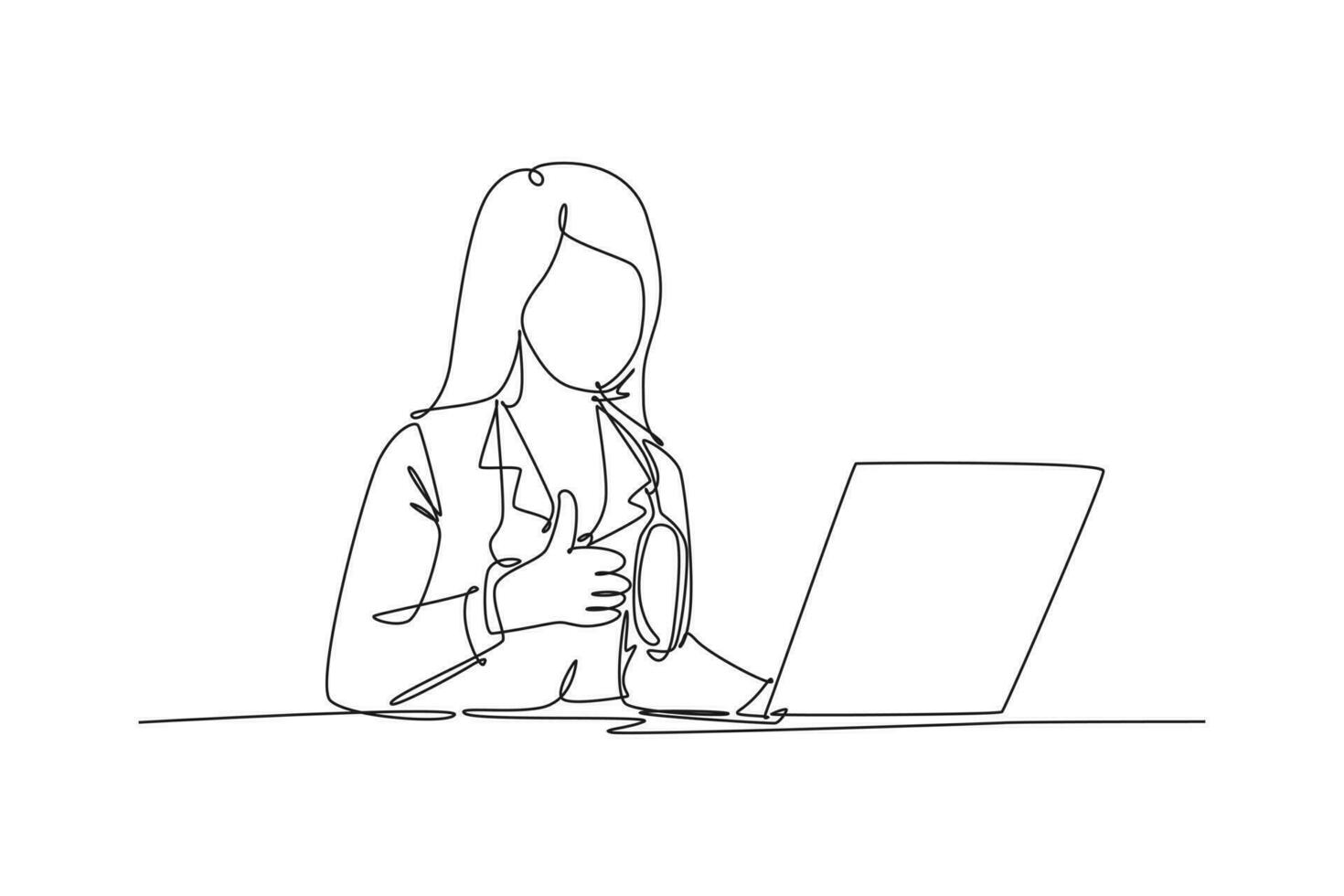 Single continuous line drawing young happy doctor woman open a laptop to write medical record and gives thumbs up gesture. Healthcare service concept. One line draw graphic design vector illustration