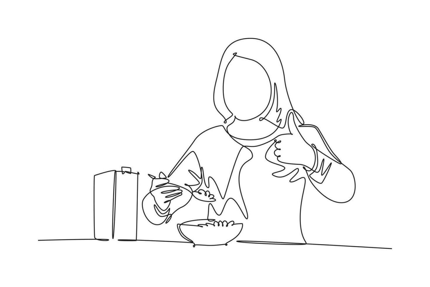 Single continuous line drawing of young happy woman eating breakfast with cereal and milk and giving thumbs up. Healthy nutrition food concept. Dynamic one line draw graphic design vector illustration