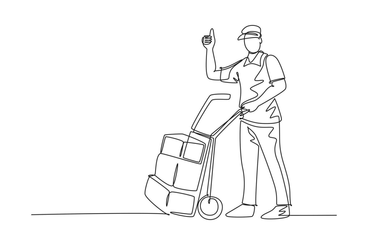 Single one line drawing young delivery man gives thumbs up gesture while carrying carton box package with trolley to customer. Delivery service. Continuous line draw design graphic vector illustration