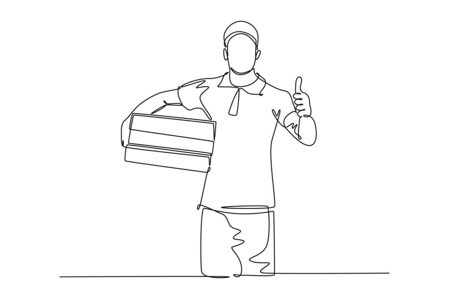 Continuous one line drawing young happy delivery man gives thumbs up gesture while lift up and deliver carton box package to costumer. Delivery service. Single line design vector graphic illustration