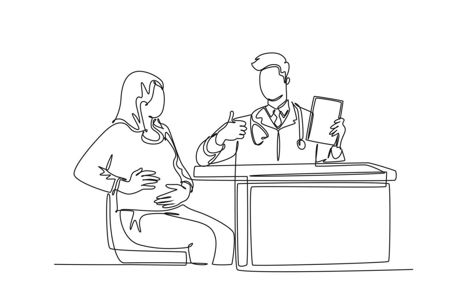 Single one line drawing of male obstetrics and gynecology doctor talking to female patient giving suggestion and advice with thumbs up gesture. Continuous line draw design graphic vector illustration