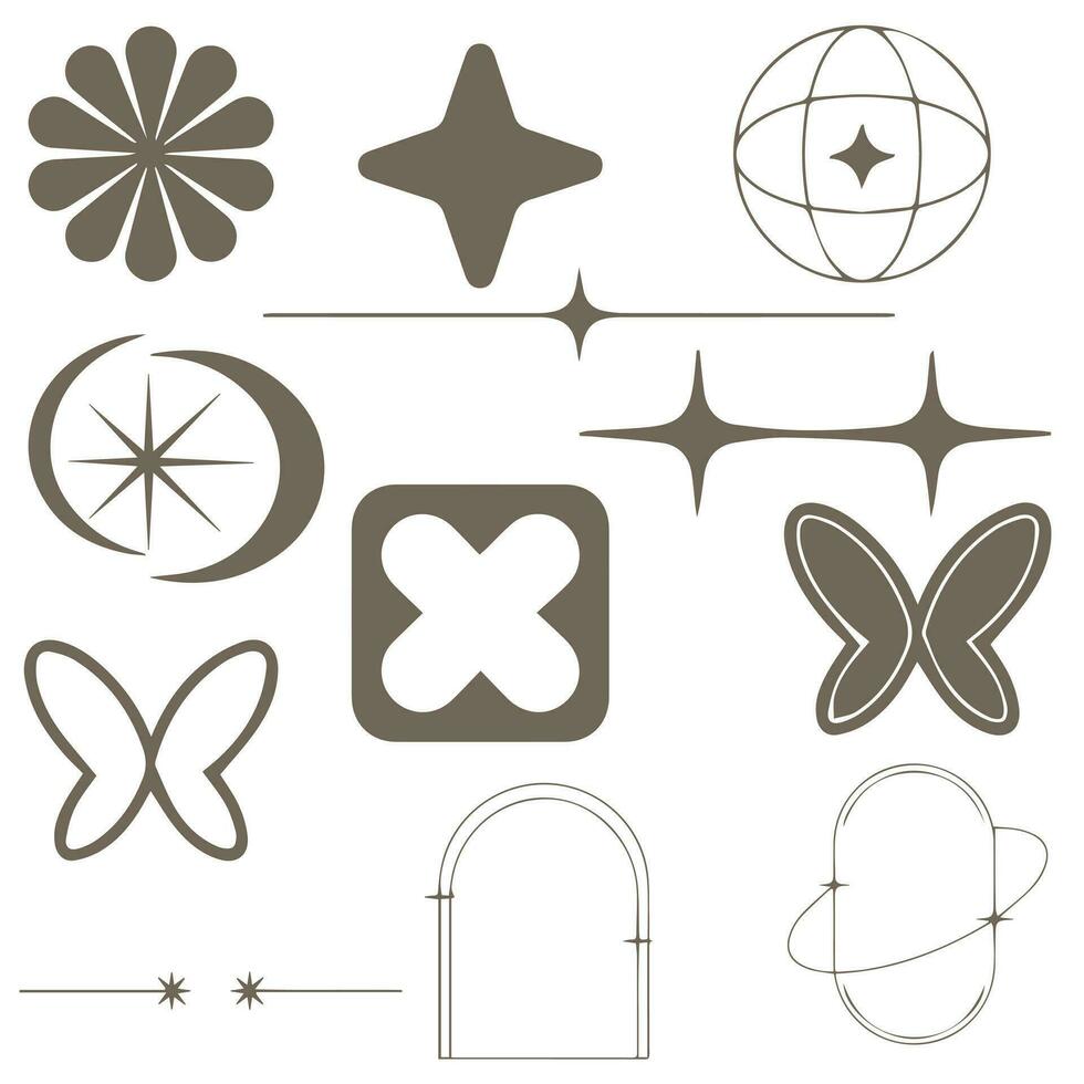 Vector set of Y2K stars, starburst and retro futuristic graphic ornaments for decoration.