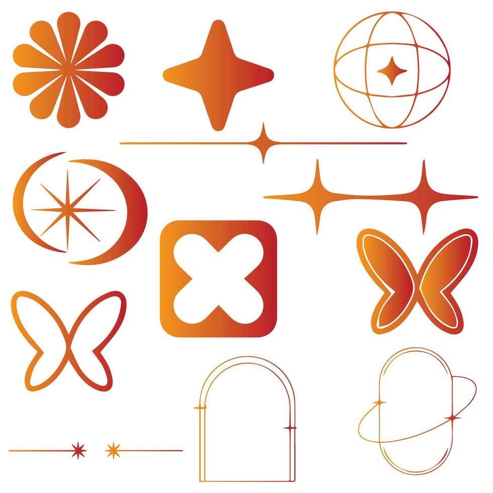 Vector set of Y2K stars, starburst and retro futuristic graphic ornaments for decoration.