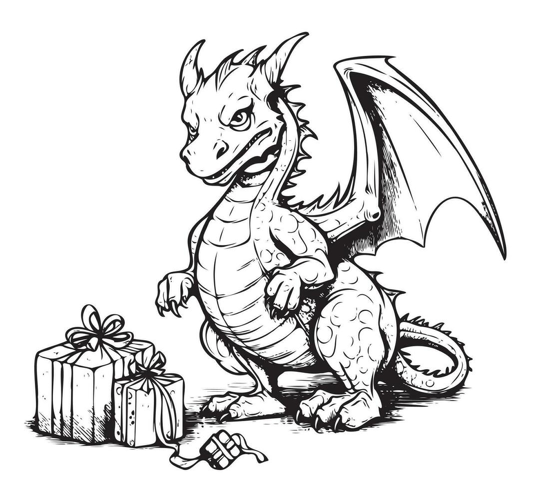 Dragon baby with gifts New Year clipart sketch hand drawn Vector illustration