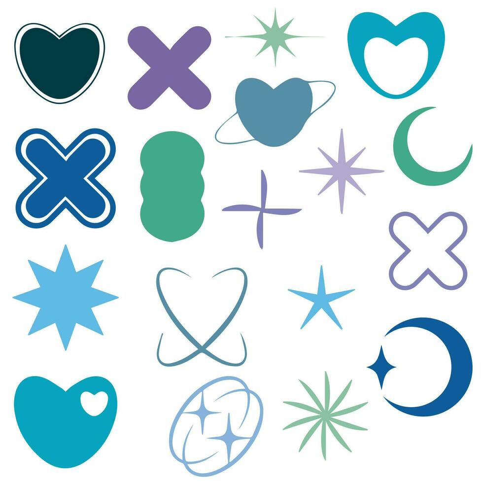 Vector set of Y2K stars, starburst and retro futuristic graphic ornaments for decoration.
