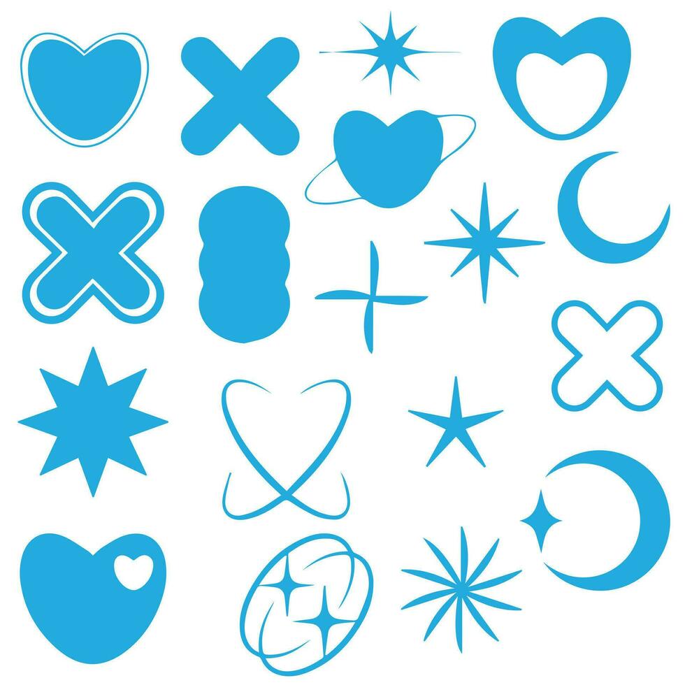Vector set of Y2K stars, starburst and retro futuristic graphic ornaments for decoration.