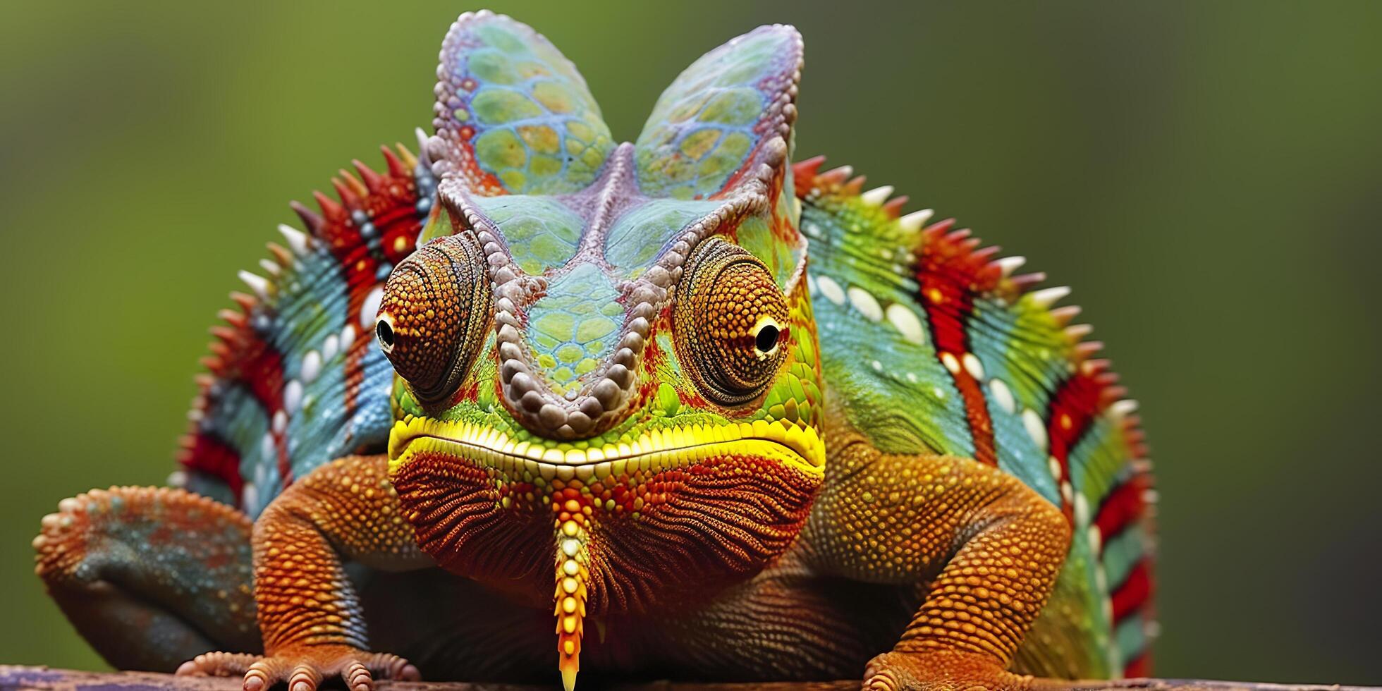 A colorful close up chameleon with a high crest on its head. Generative AI photo